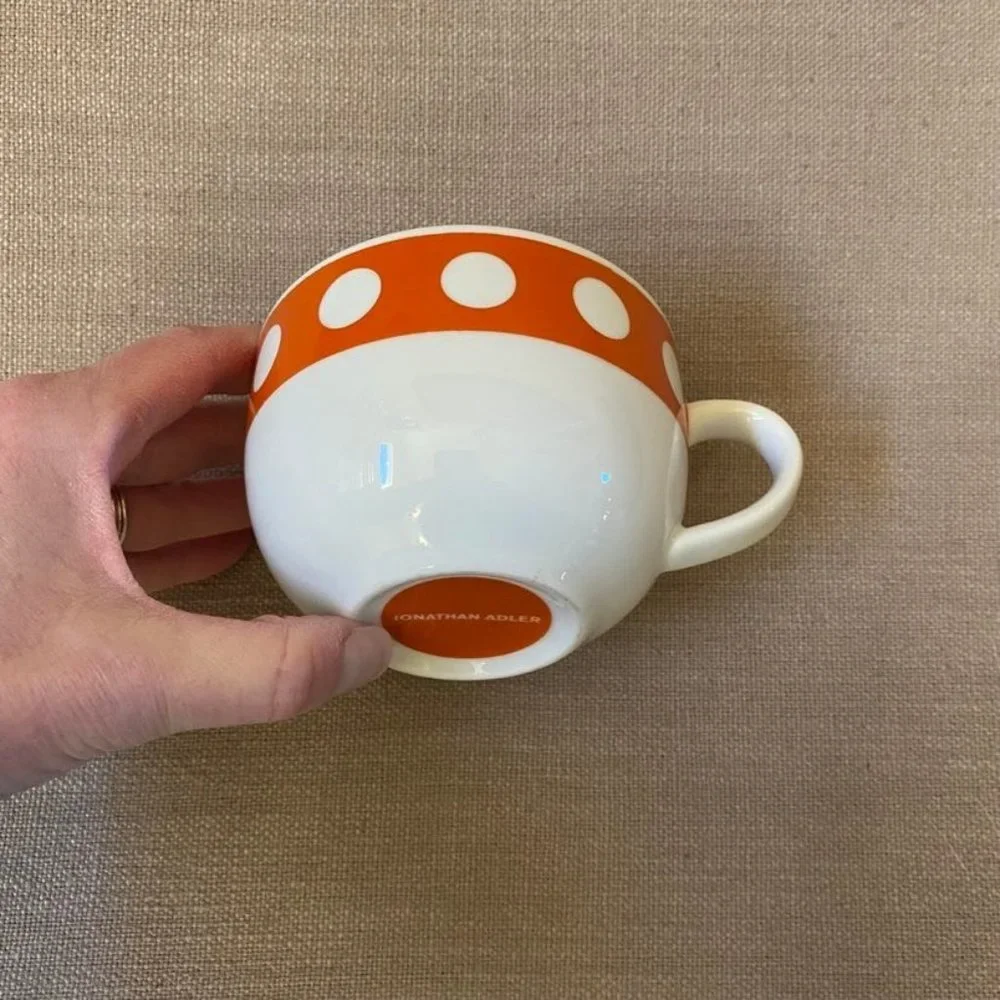 Jonathan Adler MOD DOT Orange White Coffee Mug Porcelain HAPPY HOME Collection